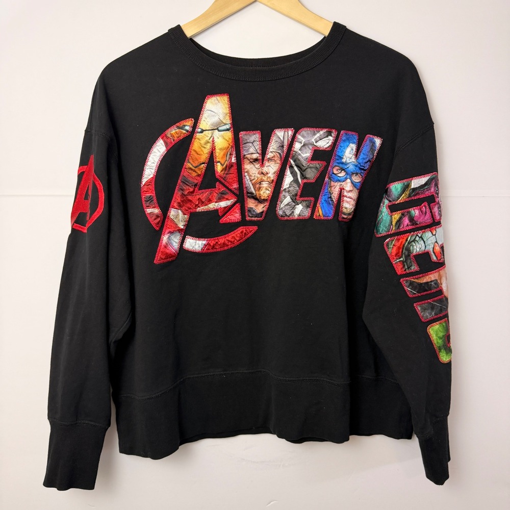 Disney Marvel Avengers Applique Crewneck Sweatshirt Black Adult L Patchwork
